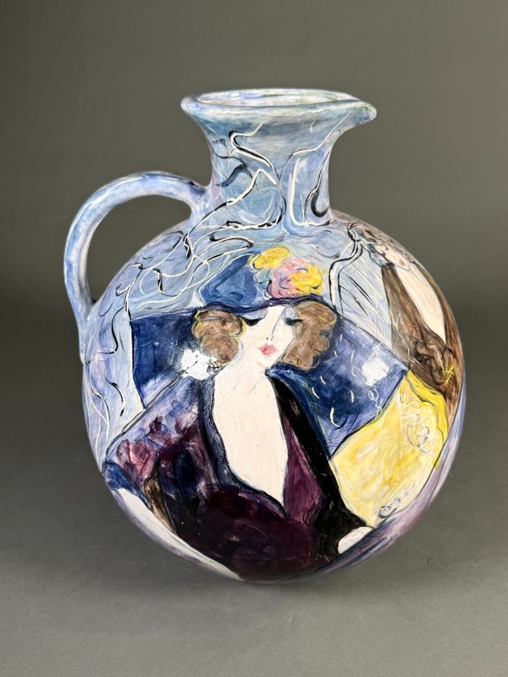Marley Lipman Signed Art Pottery Large Pitcher Jug Edwardian Flapper Girls 15"